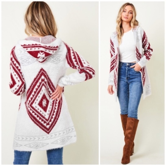 Sweaters - SOLD OUT Wine Fuzzy Soft Knit Long Sleeve Aztec Tribal Native Western Cardigan